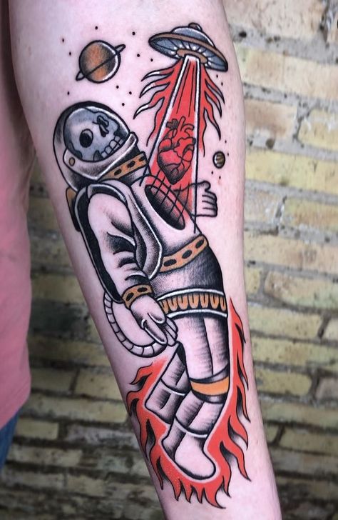 American Traditional Galaxy Tattoo, American Traditional Planet Tattoo, Traditional Sci Fi Tattoo, American Traditional Astronaut, Old School Astronaut Tattoo, Traditional Spaceship Tattoo, Neo Traditional Space Tattoo, Astronaut Traditional Tattoo, American Traditional Astronaut Tattoo