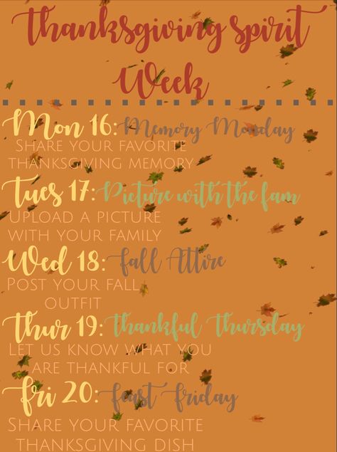 🧡🍂🤍🍁 Fall Spirit Week Ideas, October Spirit Week Ideas, Thanksgiving Spirit Week Ideas, Fall Spirit Week, Thanksgiving Spirit Week, Holiday Spirit Week, Morale Ideas, Spirit Week Ideas, Spirit Weeks