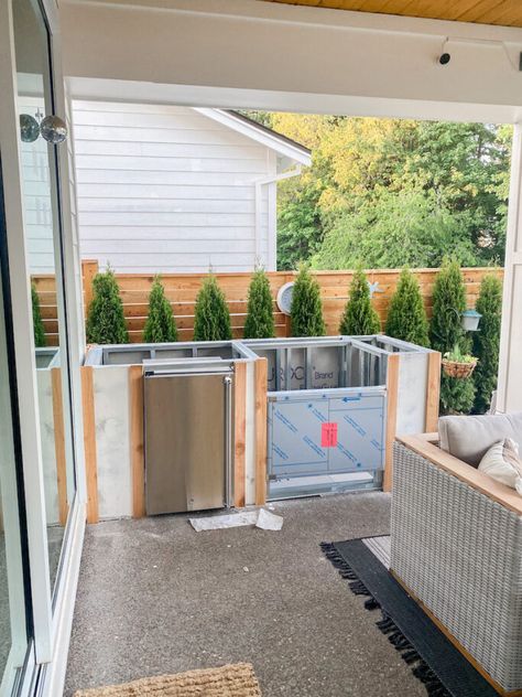 Outdoor Kitchen With Sink And Fridge, Diy Built In Bbq Ideas Outdoor Barbeque, Build Your Own Outdoor Kitchen, Outdoor Kitchen Hardie Board, Affordable Outdoor Kitchen, Diy Built In Grill, Built In Bbq On Deck, Diy Built In Bbq, Simple Outdoor Kitchen Diy