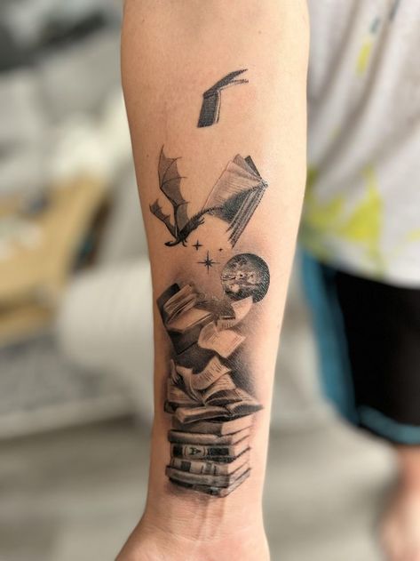 Medium Hip Tattoo, Book Half Sleeve Tattoo, Book Forearm Tattoo, Dragon And Book Tattoo, Book Sleeve Tattoo, Dolly Tattoo, Science Fiction Tattoo, Book Dragon Tattoo, Book Tattoo Sleeve