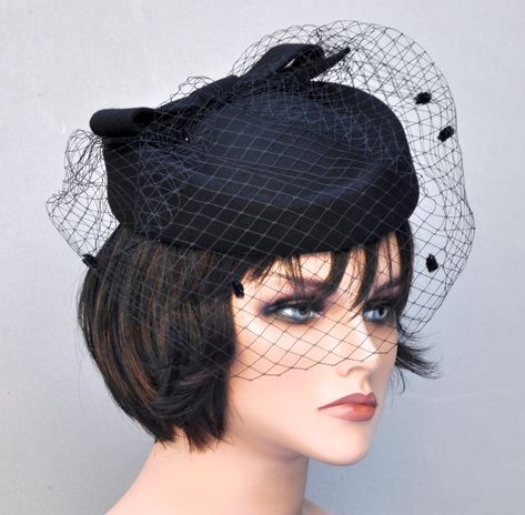 Black Veil Hat, Church Hat, Women's Black Pillbox Hat, Ladies Black Hat, Formal Winter Hat, Funeral Hat, Jackie O Pillbox Hat, Black Hat Pillbox Hat Hairstyles, Black Hat Women, Cregan Stark, Audrey Hepburn Hat, Veil Hat, Jenny Wren, Veiled Hats, Black Church, Church Hat