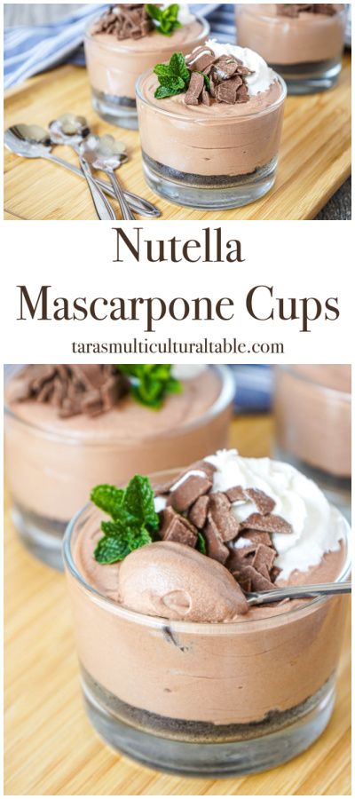 Nutella Mascarpone Cups in three glasses with whipped cream, mint, and chocolate flakes. Mascarpone Cheese Dessert, What To Make With Mascarpone Cheese, Uses For Mascarpone Cheese, Easy Mascarpone Dessert, Mascarpone Recipes Dessert Simple, Mascarpone Cheese Recipes, Recipes Using Mascarpone Cheese, Marscapone Recipes Desserts, Mascarpone Dessert Recipes