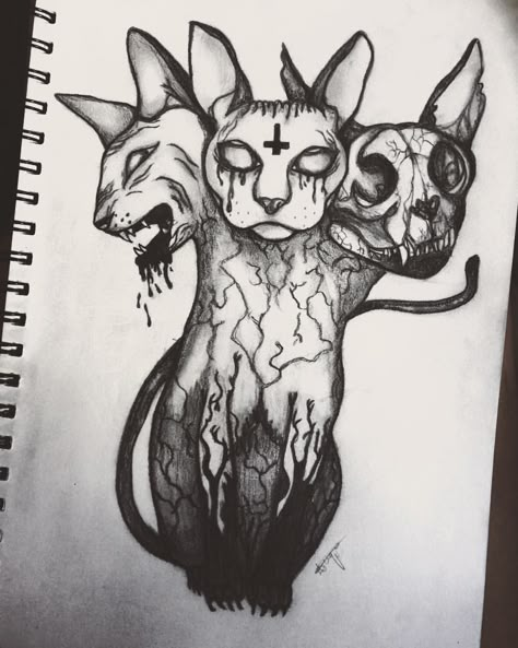 3 headed demonic Sphynx drawing art sketch cat creepy - By April Urquhart Sphynx Drawing, Cat Creepy, Creepy Sketches, Sketch Cat, Scary Drawings, Creepy Cat, Creepy Drawings, Cat Sketch, Dark Art Drawings