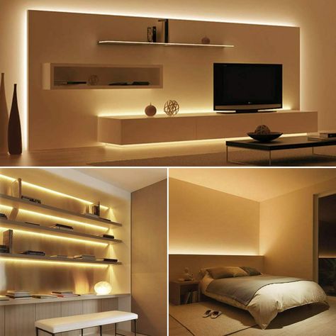 Living Room Shelf Lighting, Table With Lights Underneath, Bedroom Light Strip Ideas, Light Strip Ideas Living Rooms, Warm White Led Strip Lights Living Room, Hidden Led Lights, Home Office Led Lighting Ideas, Home Office Led Lighting, Hidden Lighting Bedroom