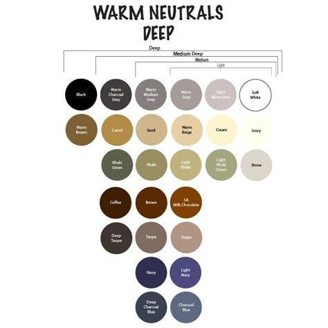 Warm neutrals - deep to light Neutrals For Dark Autumn, Dark Neutrals Color Palette, Neutral Deep Color Palette, Dark Autumn Neutral Color Palette, Warm Autumn Neutrals, Dark Autumn Neutrals, Warm Spring Neutrals, Warm Undertone Clothes, Deep Autumn Neutrals