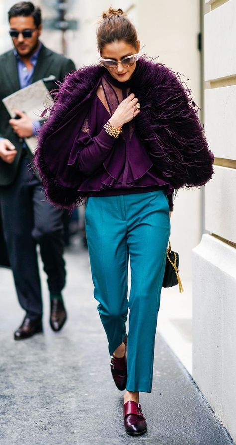 At Paris Haute Couture Fashion Week Olivia Palermo just wore an outfit we really didn't see coming. Click to see her look! Teal Outfits, Colour Combinations Fashion, Color Combos Outfit, Color Blocking Outfits, Color Combinations For Clothes, Coat Outfit, Moda Chic, Purple Outfits, Colour Combo