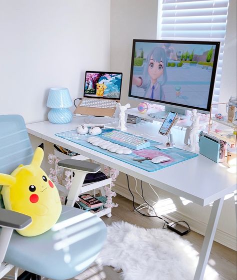 Loving Pokemon Scarlet and Violet so far! #desk #desksetup #desktour #deskaesthetic #bluedesk #pokemon #pokemonscarletviolet #squishmallow Gaming Setup Pokemon, Pokemon Gaming Setup, Pokemon Setup, Violet Desk, Blue Desk Aesthetic, Blue Desk Setup, Pokemon Desk, Heisei Retro, Pokemon Scarlet And Violet