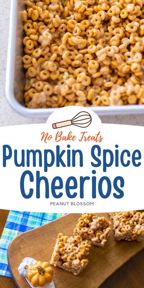 Pumpkin Spice Cheerios Bars Pumpkin Cheerio Bars, Snacks With Cheerios, Cheerios Dessert Recipe, Halloween Cheerio Treats, Pumpkin Cheerios Recipes, Fall No Bake Treats, Pumpkin Spice Cheerios Recipes, Recipes With Pumpkin Spice Cheerios, Fall Cereal Treats