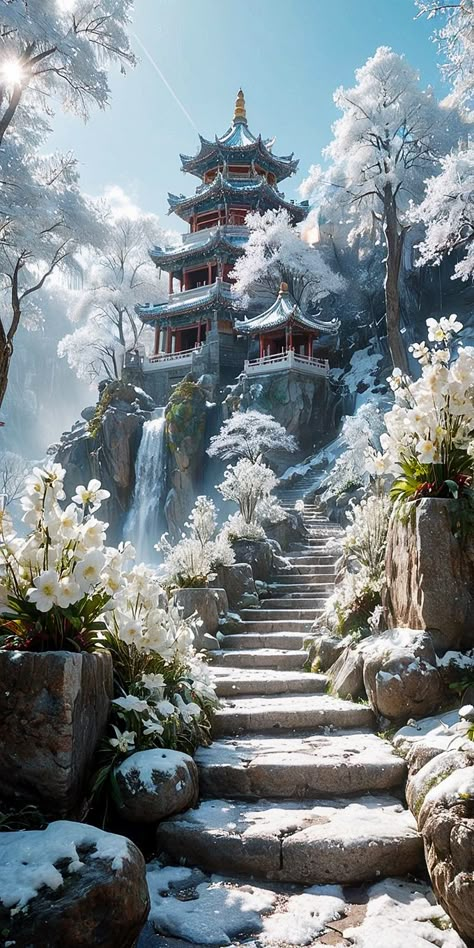 Japanese Fantasy Landscape, Isekai World, Asian Fantasy Art, Asian Landscape, Chinese Artwork, Dreamy Artwork, Scenery Background, Asian Painting, View Wallpaper