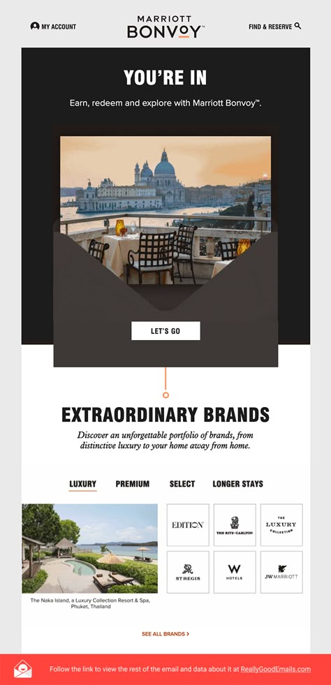 Marriott sent this email with the subject line: Discover Marriott Bonvoy, Smiles Davis - Read about this email and find more welcome emails at ReallyGoodEmails.com #hotels #resorts #welcome #discovery Hotel Email Marketing, Event Email Marketing, Email Campaign Design Layout Ideas, Hotel Email Design, Travel Email Design, Event Email Design, Invitation Email Design, Corporate Email Design, Creative Emailer