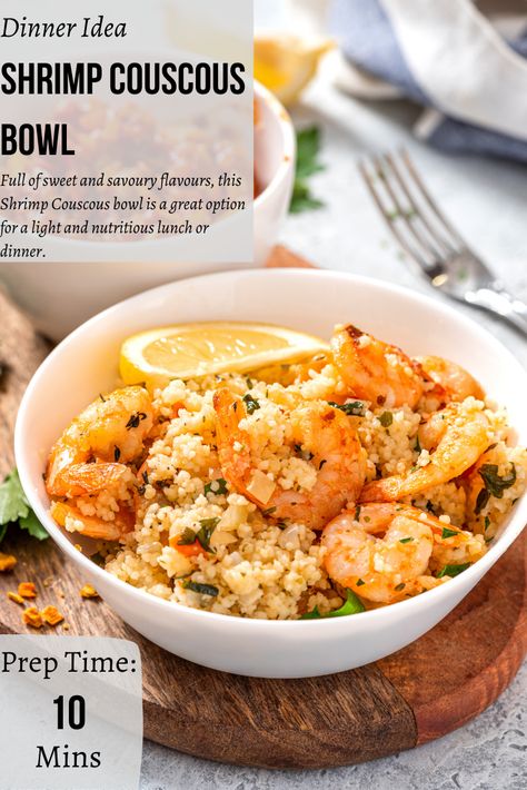 Shrimp Couscous Bowl, Shrimp Couscous, Couscous Bowl, Healthy Lunch Dinner, Shrimp Bowls, Shrimp Pad Thai, Nutritious Lunch, Bulgar Wheat, Lemon Tahini Dressing