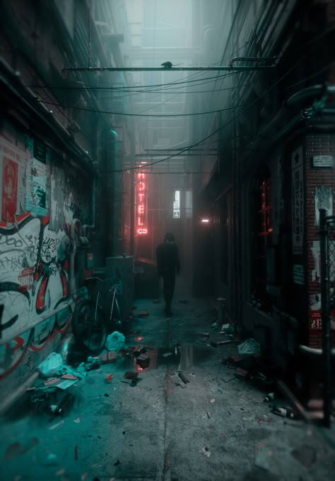 ArtStation - Back door Room Decor Rugs, Dark Alley, Ruined City, Neon Noir, Light Study, Cyberpunk City, Cyberpunk Aesthetic, World Of Darkness, Neo Noir