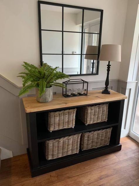 Black And Wooden Furniture, Furniture Flipping Business, Black Painted Furniture, Sideboard Decor, Console Table Decorating, Industrial Interior Design, Pine Furniture, Furniture Rehab, Home Entrance Decor