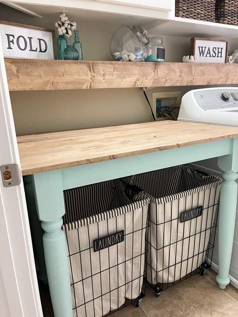 Laundry Room Folding Table Ideas Farmhouse, Table For Laundry Room Small Spaces, Laundry Room Work Table, Diy Laundry Station, Portable Laundry Station, Diy Laundry Room Folding Table, Laundry Room Sorting Station, Laundry Station Ideas, Laundry Table Ideas