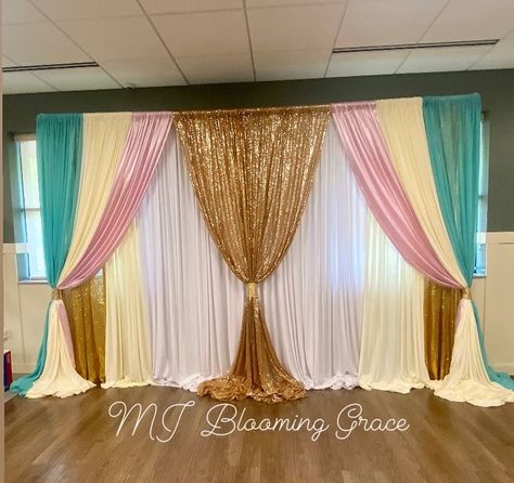 Wedding backdrop Teal Pink And Gold Wedding, Sangeet Backdrop, Teal Backdrop, Prom Backdrops, Gold Drapes, Haldi Decor, Gold Backdrop, Pink And Gold Wedding, Diwali Decor