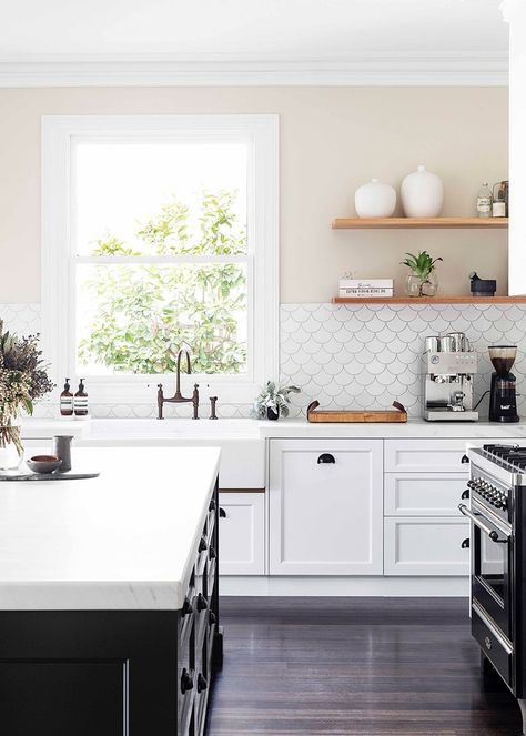 Modern Shaker-style kitchen | Home Beautiful Magazine Australia White Fish Scale Tile, Beautiful White Kitchens, Hamptons Kitchen, Fish Scale Tile, White Kitchen Backsplash, Shaker Style Kitchens, Cream Walls, White Kitchen Design, White Marble Countertops