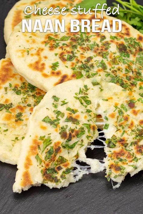 Cheese Stuffed Naan Bread, Cheese Stuffed Flatbread, Cheesy Naan Bread Recipe, Recipes For Naan Bread, Stuffed Naan Bread Recipe, Naan Cheese Bread, Cheese Naan Recipe, Cheesy Naan Bread, Cheese Stuffed Naan