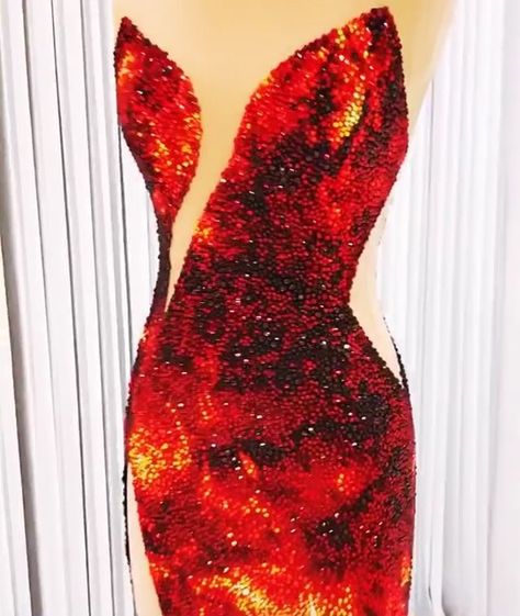 Fire Gown Haute Couture, Dress That Looks Like Fire, Fire Inspired Dress Gowns, Fire Inspired Gown, Dresses Inspired By Fire, Fire Dress Aesthetic, Fire Dress Design, Fire Dress Gowns, Fire Inspired Dress