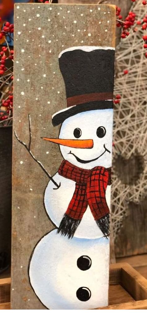 Snowman Faces To Paint On Wood, Snowman Canvas Paintings, Snowman Painting On Wood, Snowmen Paintings On Canvas, Wooden Snowman Crafts, Snowmen Paintings, December Crafts, Snowman Door, Wooden Snowman