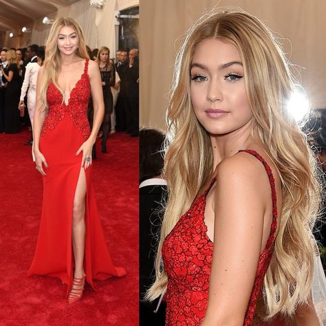 Met Gala 2015 Prom Makeup For Blue Eyes Blonde Hair Red Dress, Prom Makeup For Red Dress, Red Dress Gala, Green Eyes Blonde Hair, Hairstyles For Fall, Simple Prom Makeup, Gigi 2, Dress Gala, Met Gala Dresses