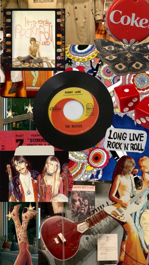 1970s Rock Aesthetic, 60s Rock Aesthetic, 60s Music Aesthetic, Rock And Roll Collage, 70s Rock Aesthetic, 70s Collage, 70s Lookbook, Gcse Music, Classic Rock Aesthetic