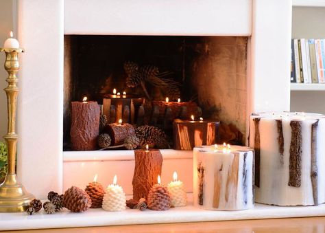 candle fireplace decor Unused Fireplace Decor Ideas, Pictures Of Candles, Ideas For Fireplaces, Fireplace With Candles, Candle Fireplace, Empty Fireplace Ideas, Empty Fireplace, Fireplace Candle, Huge Candles