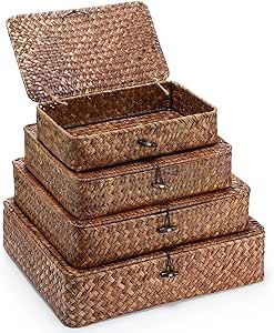 Didaey Set of 4 Seagrass Basket with Lid Wicker Storage Basket Decorative Storage Boxes with Lids Flat Storage Bins Woven Organizer Baskets for Shelf Closet Bedroom, 4 Sizes (Dark Brown) Wicker Baskets Storage Target, Woven Storage Baskets With Lid, Storage Bin Shelves, Organizer Baskets, Shelf Closet, Wicker Basket With Lid, Wicker Storage Boxes, Shelf Baskets, Organizer For Closet