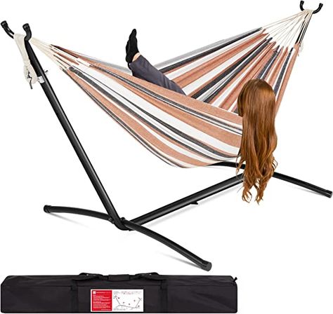 BRAZILIAN GATHERED-END STYLE: Built to distribute your weight in the center while gathering the fabric to your sides; achieve a new level of comfort by wrapping yourself in a soft, suspended cocoon! BUILT FOR 2: High 450-pound weight capacity easily accommodates up to two people at once! Curl up with your favorite company for some well-earned rest Double Hammock With Stand, Patio Hammock, Hammock With Stand, Hammock Stands, Hammock Bed, Sleep Relaxation, Double Hammock, Hammock Stand, Hammock Camping