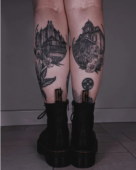 Never got round to posting these because 1. Taking pics of your calves is hard and also 2. There's always some weird light reflections off my pale skin. Haunted Mansion WDW and Phantom Manor DLP 🖤 Combining my two favourite things of Spooky and Disney. Thank you for these @littlehelltattoo ✨ The Haunted Mansion Tattoo, Disney Haunted Mansion Tattoo, Haunted Mansion Tattoo, Haunted House Tattoo, Manor Aesthetic, Phantom Manor, Goth Tattoo, Life Vision, Sleeve Ideas