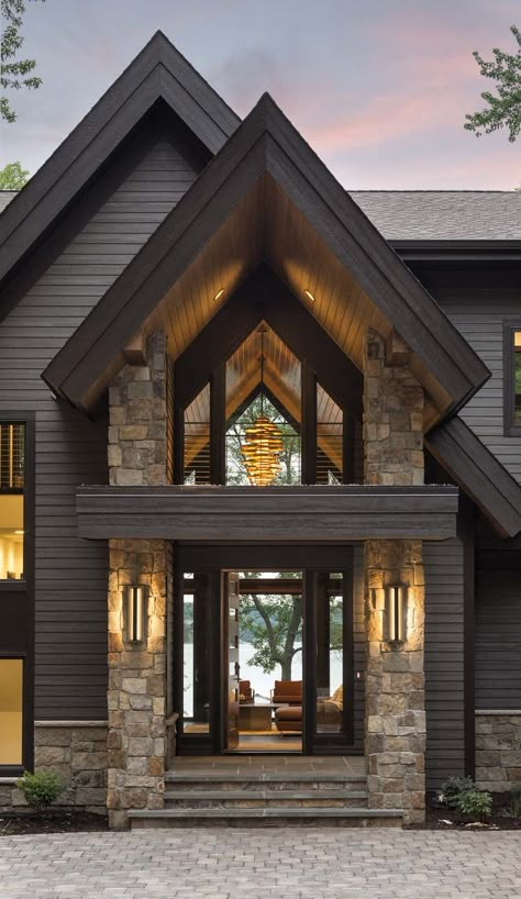 Rustic contemporary lake house with privileged views of Lake Minnetonka Contemporary Lake House, Modern Lake House, Stone And Wood, Rustic Exterior, Casa Country, Exterior Home, Mountain Modern, Front Entrance, Architectural Drawing