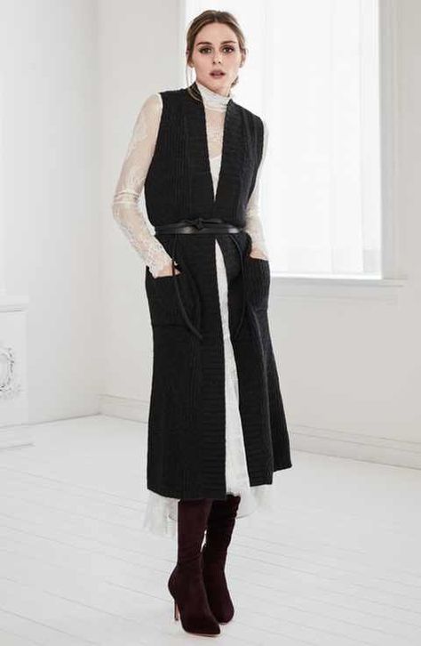 Olivia Palermo + Chelsea28 Dress & Vest Outfit with Accessories Long Vest Outfit Fall, Long Black Vest Outfit, Sleeveless Vest Outfit, Long Vest Outfit, Black Vest Outfit, Long Black Vest, Vest Outfits For Women, Office Fits, Long Sweater Vest