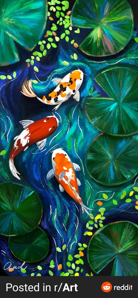 Gouche Painting Koi Fish, Koi Fish Underwater Painting, Koi Fish With Lilly Pads Painting, Koi Fish Painting Aesthetic, Koi Pond Art Simple, Japanese Koi Painting, Coi Pond Drawing, How To Paint Coy Fish, Painted Coy Fish