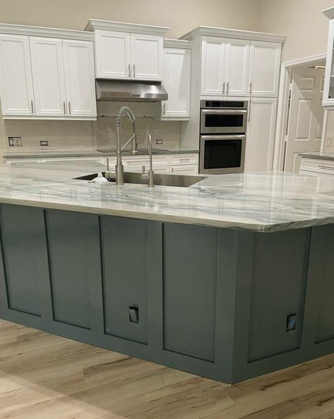 If you want a bit of color in your kitchen, consider using Riverway on the island. It is a great cabinet color, so it should also work for islands. Island Kitchen Paint Ideas, Island Painted Different Than Cabinets, Kitchen Island Paint Colors Ideas, Kitchen Island Color With White Cabinets, Riverway Sherwin Williams Cabinets, Painted Kitchen Island With White Cabinets, Painted Kitchen Island Colors, Kitchen Island Painted Different Color, Kitchen With Painted Island