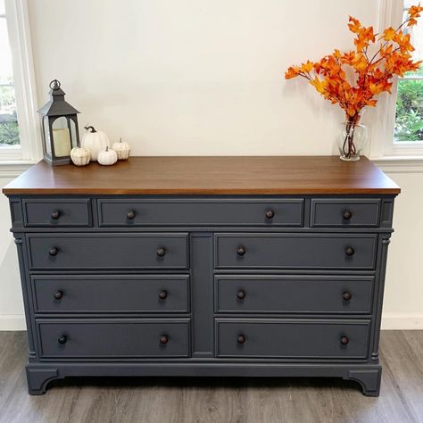 Grey Painted Dresser, Gray Dresser Makeover, Grey Painted Furniture, Stained Dresser, Brown Furniture Bedroom, Cherry Furniture, Brown Dresser, Boy Dresser, Dresser Refinish