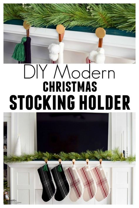 #diychristmas #christmas #diyhomedecor #diystockingholder #christmasdecorations | DIY Modern Christmas Stocking Holder | DIY Christmas decorations | stocking holders diy | stocking holders for mantel | Christmas mantel | Christmas mantle | modern farmhous Mantel Stocking Holders Diy, Diy Mantel Christmas Trees, Hanging Stockings From Tv Stand, Diy Christmas Stocking Hanger, Diy Stocking Hooks For Mantle, Hanging Christmas Stockings On Mantel, Mantel Stocking Holders, Christmas Stocking Hangers Diy, Modern Stocking Holder