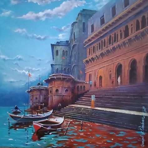 Vanarasi Ghat Sketch, Varanasi Ghats Painting, Landscape Composition Painting, Vrindavan Painting, Banaras Ghat Painting, Varanasi Painting, Ghat Painting, Poster Color Painting, Composition Painting