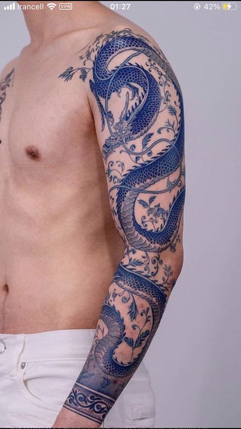 Blue Ink Tattoos, Godzilla Tattoo, Dragon Sleeve, Occult Tattoo, Torso Tattoos, Theme Tattoo, Blue Tattoo, Arm Band Tattoo, Dragon Tattoo Designs