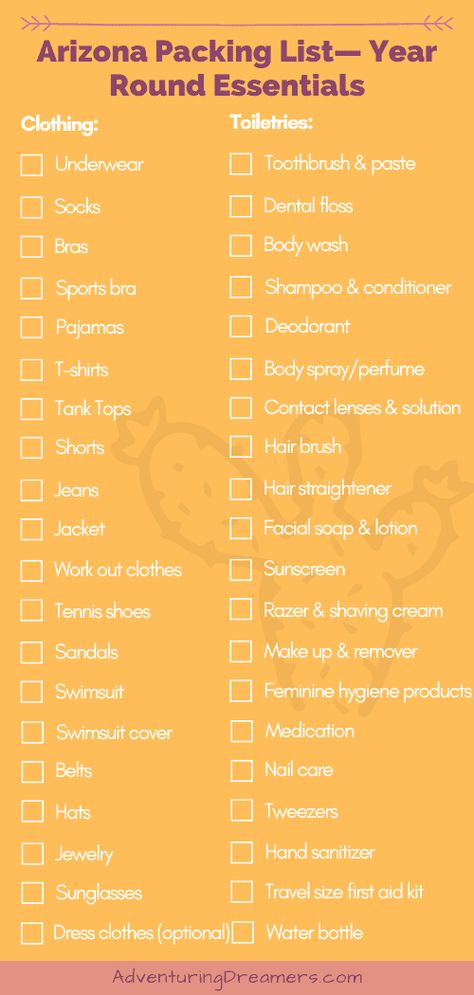 Arizona Packing List Essentials For Every Time of Year - Adventuring Dreamers Arizona Packing List Fall, Arizona Packing List, Toiletries Packing, Visiting Arizona, Packing List Spring, Arizona Outfits, Trip To Arizona, Travel Arizona, List To Make