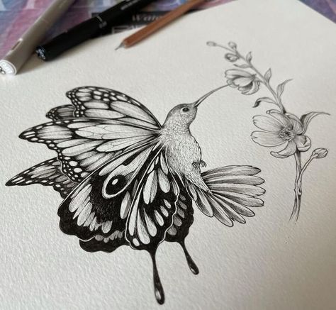 doodles and fantasy creatures Hummingbird Tattoo Black, Butterfly With Flowers, Unique Butterfly Tattoos, Vogel Tattoo, Flying Creatures, Petit Tattoo, Hummingbird Tattoo, Butterfly Tattoo Designs, Memorial Tattoos