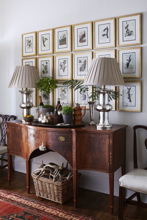 Mercury Glass Lamp, Antique Buffet, Southern Design, Antique Sideboard, Old Chair, Atlanta Homes, White Floors, Painted Ceiling, Striped Wallpaper