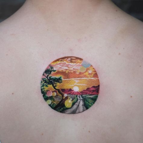 Strip Tattoo, Forest Tattoo Ideas, Starry Night Tattoo, Fancy Tattoo, Colour Circle, Sunrise Tattoo, Circular Tattoo, Band Tattoos For Men, Night Tattoo