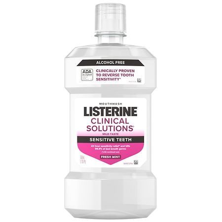 Listerine Clinical Solutions Sensitive Teeth Mouthwash in a Fresh Mint flavor for sensitivity relief. Fresh mint mouthwash for 24-hour tooth sensitivity relief* while killing germs that cause bad breath. Mouthwash helps block open tubules to inhibit fluid movement that causes pain. Oral rinse that provides relief from tooth sensitivity due to cold, heat, acids, sweets, or contact. Mint mouthwash has a mild taste that kills 99% of bad breath germs. Clinical Solutions mouthwash is the perfect Tooth Sensitivity Relief, Mint Mouthwash, Fluid Movement, Tooth Sensitivity, Sensitive Teeth, Mouthwash, Fresh Mint, Oral Care, Mint