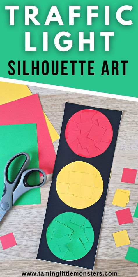 Traffic Light Silhouette Art for Kids. a fun and easy arts and crafts activity for preschool and kindergarten children. #transport #artsandcrafts #toddler #preschool #kindergarten Traffic Theme Preschool, Street Signs Preschool Art, Street Sign Crafts For Preschool, Garrett Morgan Stop Light Craft, Transportation Arts And Crafts Preschool, Traffic Safety Preschool Activities, Traffic Kindergarten Activities, Traffic Light Preschool, Neighborhood Crafts For Preschoolers