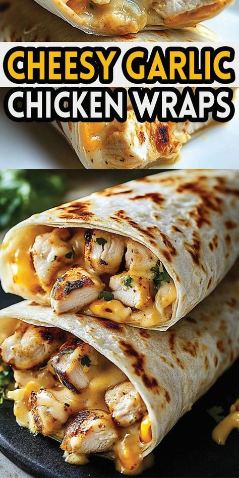 Ingredients: 2 large chicken breasts, diced 1 tbsp olive oil 2 tsp garlic powder 1 tsp onion powder 1 tsp paprika Salt and pepper, to taste 1 cup shredded cheddar cheese 1/2 cup shredded mozzarella cheese 4 large flour tortillas 1/2 cup creamy garlic sauce (store-bought or homemade) Fresh parsley, chopped (optional, for garnish) #Chicken #Wraps #Quickrecipe Cheesy Garlic Chicken, Easy Cheesy Chicken, Crispy Chicken Wraps, Big Sandwich, Great Chicken Recipes, Chicken Protein, Chicken Wrap Recipes, Creamy Garlic Sauce, Chicken Wrap