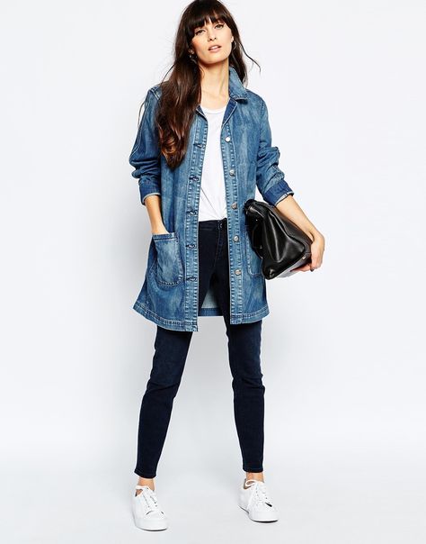 Image 4 of Selected Jane Longline Denim Jacket Longline Denim Jacket, Long Denim Jacket, Outfit Inspiration Women, Denim Jacket Outfit, Western Wear Outfits, Jacket Outfit, Loose Pants, Latest Clothes, Latest Fashion Clothes