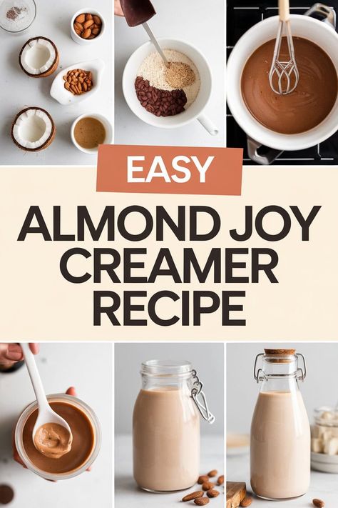 Guilt-Free Almond Joy Coffee Creamer Homemade Creamer Flavors, Coconut Cream Creamer Recipe, Almond Joy Coffee Creamer Recipe, Diy Coconut Coffee Creamer, Almond Cow Creamer Recipes, Almond Joy Creamer Recipe, Home Made Coffee Creamer Recipes, Almond Joy Coffee Creamer, Almond Joy Coffee