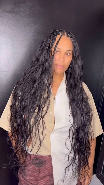 Zoe Kravitz Style Braids, Wavy Goddess Braids, Knotless Braids Human Hair Ends, Knotless Braids With Human Hair Ends, Human Hair Goddess Braids, Birthday Hair Braids, Braids With Human Hair Ends, Zoey Kravitz Braids, Goddess Braids With Weave