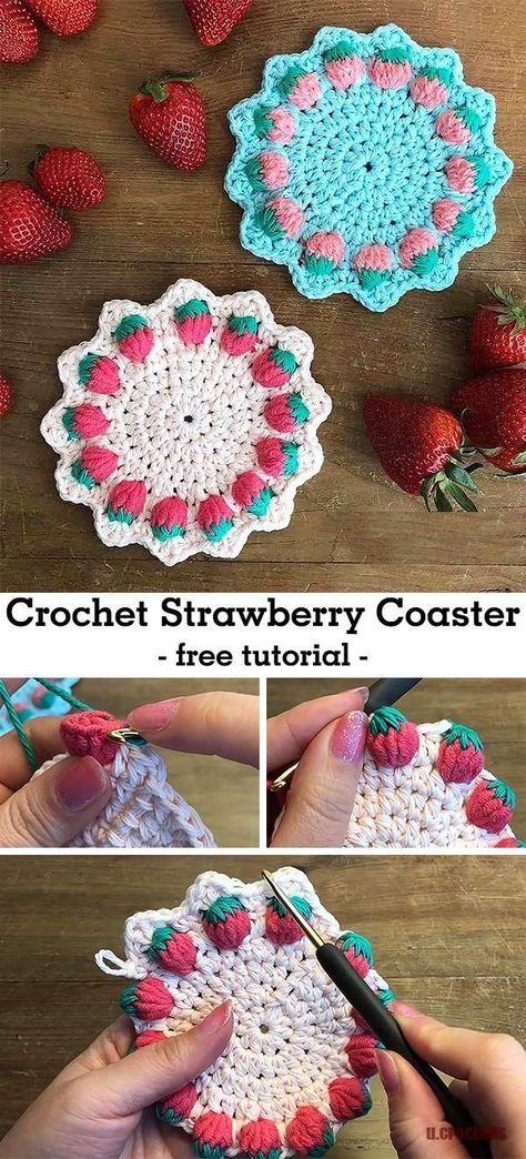 Small Skein Crochet Projects, Sunflower Coasters Crochet Free Pattern, Cute Crochet Coasters Free Pattern, Crocheting Coasters, Crochet Strawberry Coaster, Free Coaster Patterns, Strawberry Coaster, Coasters Crochet, Coaster Crochet