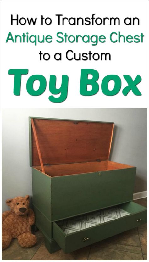 An antique handmade storage chest has been transformed it into a functional custom toy box with chalk type paint and a decoupaged fabric drawer. via @justthewoods Toy Chest Makeover, Painted Toy Chest, Dream Playroom, Repurpose Diy, Green Painted Furniture, Painted Furniture For Sale, Antique Storage, Garage Sale Finds, Painted Furniture Colors