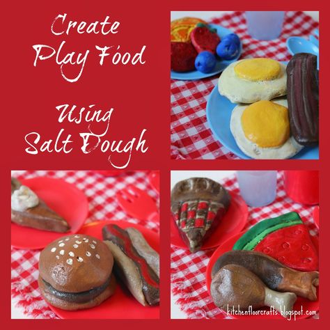 As we shared before, the kids love playing in their play kitchen especially when we have other kids over to visit. I remember when we first ... Gingerbread Salt Dough, Cornstarch Dough, Salt Dough Projects, Salt Dough Crafts, Salt Dough Recipe, Visual Recipes, Salt Dough Ornaments, Pretend Food, Food Ornaments